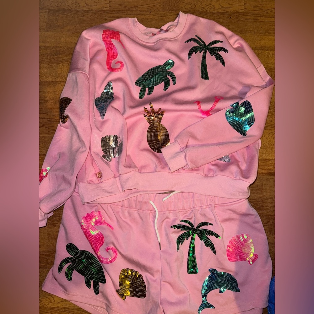Simply Southern Pink Sequin Tropical Sweatshirt and Shorts Set